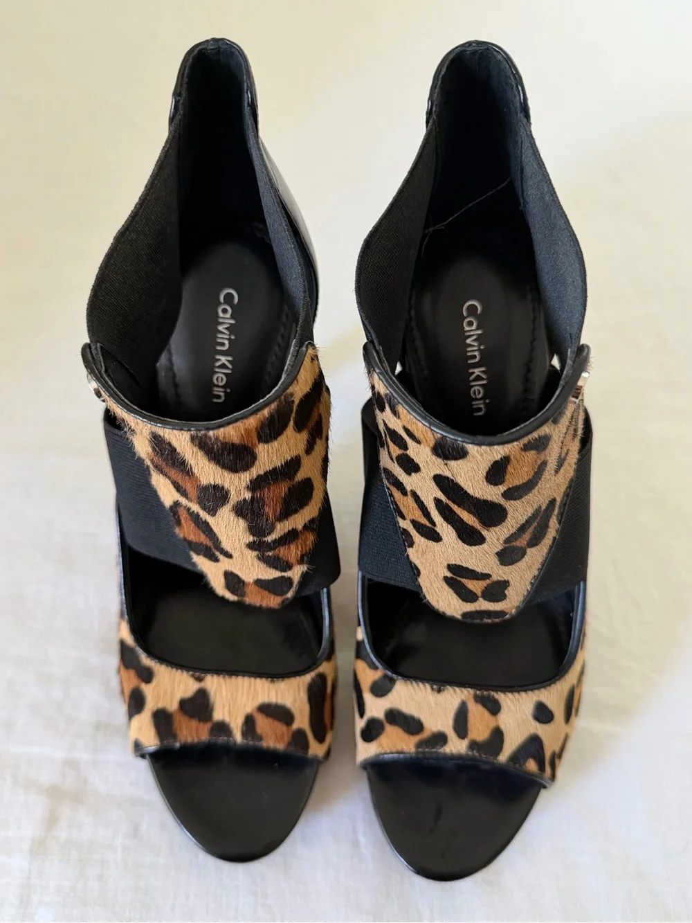 Calvin Klein Sonia  Calf Hair Leopard Print Platform Sandals
